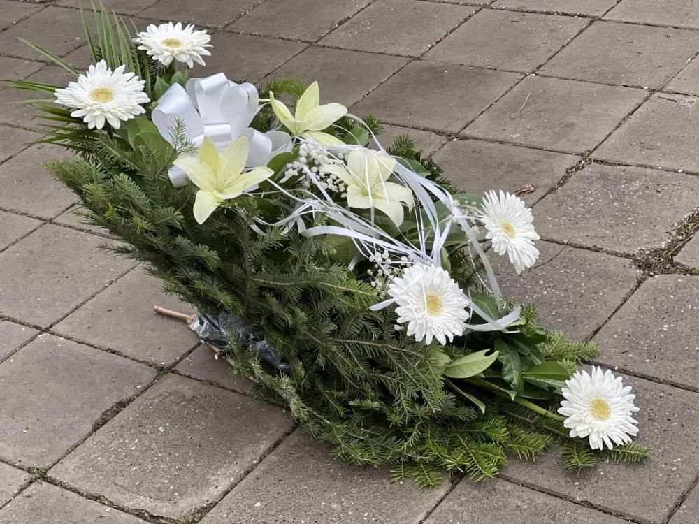 N-OS04 Suza od belih gerbera i zelenila četinara