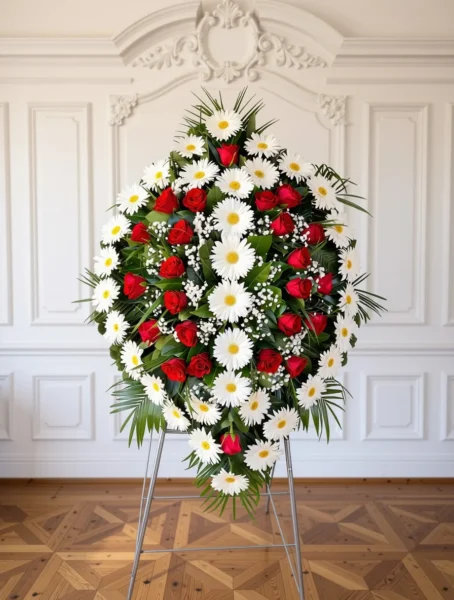 Venac od belih gerbera i crvenih ruža — N-V03, cvećara Novo groblje