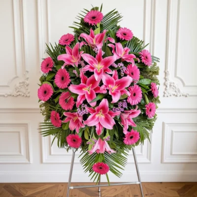 N-V02 Venac od ciklama pink gerbera i pink orijentalnih ljiljana