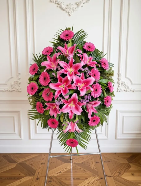 Venac od ciklama pink gerbera i pink orijentalnih ljiljana — N-V02, cvećara Novo groblje