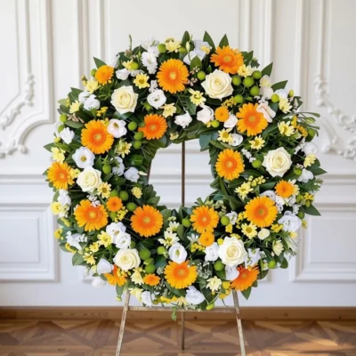N-V01 Venac od žutog gerbera, krem ruže, belog lizijantusa, zelene i krem hrizanteme