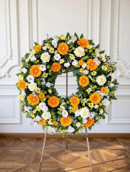 Venac od žutog gerbera, krem ruže, belog lizijantusa, zelene i krem hrizanteme — N-V01, cvećara Novo groblje