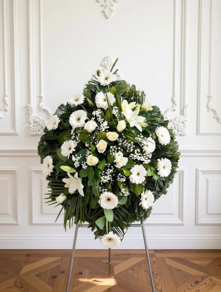 Venac u beloj boji od gerbera, ruža i ljiljana — N-V22, cvećara Novo groblje