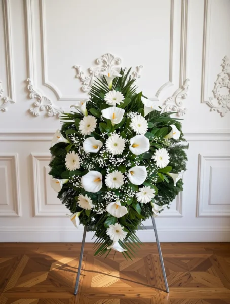 Venac u beloj boji od kala i gerbera — N-V17, cvećara Novo groblje