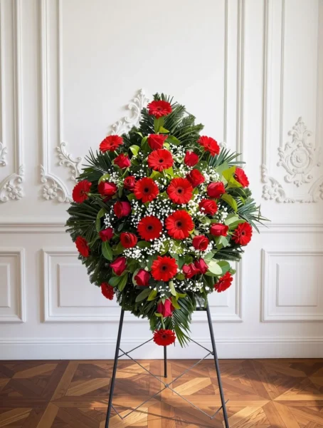 Venac u crvenoj boji od gerbera i ruža — N-V15, cvećara Novo groblje