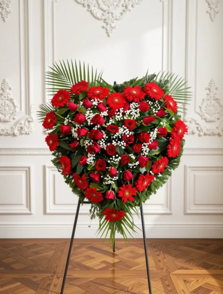 Venac u obliku srca u crvenoj boji od gerbera i ruža — N-V12, cvećara Novo groblje